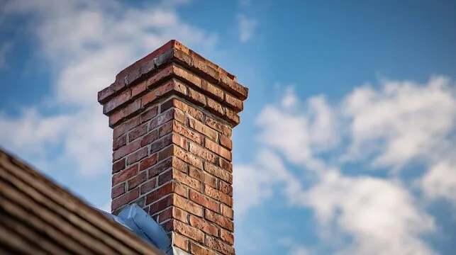 Corbelled brick chimney top against a blue sky