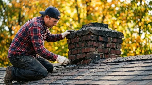 Mason kneeling on a roof examining a weathered chimney crown