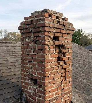 Before: ranch-house chimney with blown-out bricks and failing joints