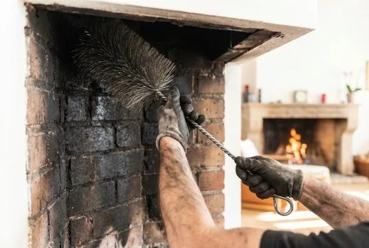 Wire brush scrubbing soot inside a brick firebox