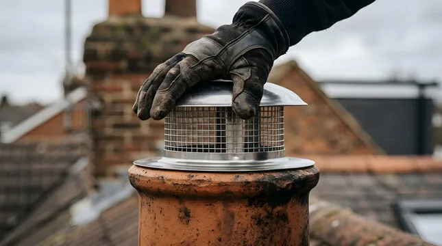 Gloved hand placing a stainless mesh cap on a clay chimney pot