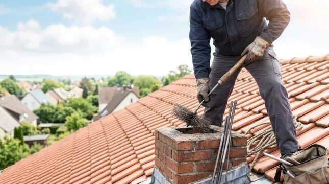 Sweep with a brush and rods at a brick chimney on a terracotta tile roof on a sunny day